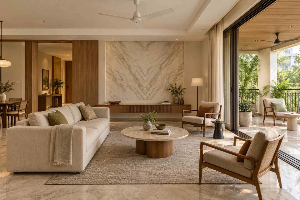 AI-generated living room design concept: indoor verandah lounge, marble restraint direction