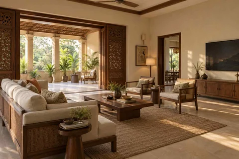 AI-generated living room design concept: indoor verandah lounge, modern carved direction
