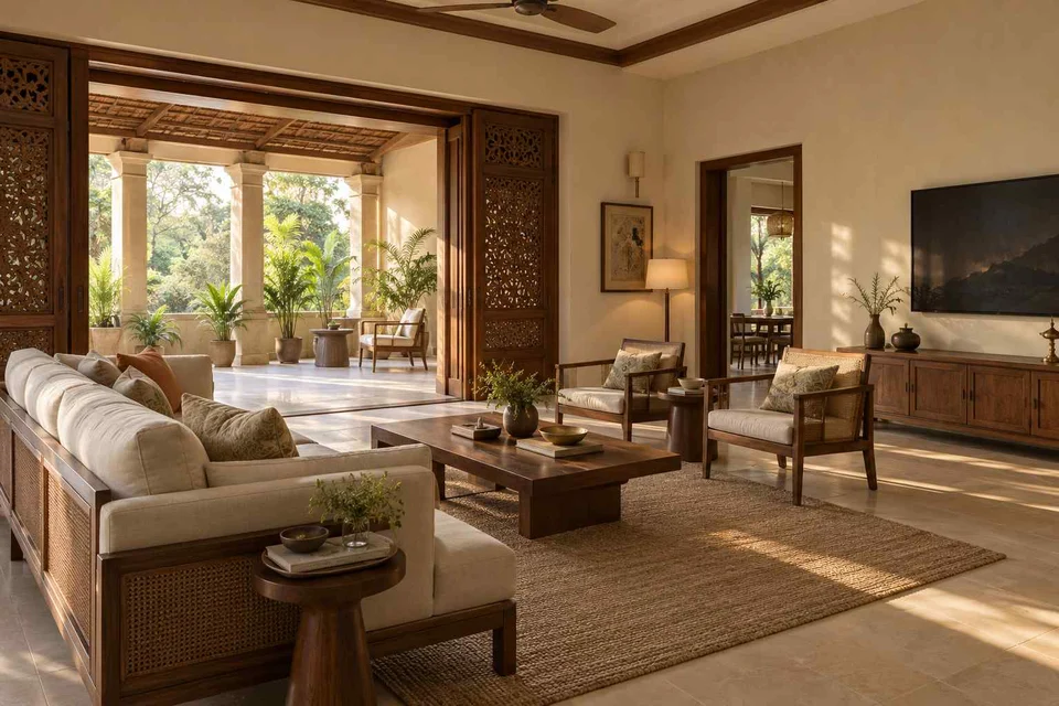 AI-generated living room design concept: indoor verandah lounge, modern carved direction