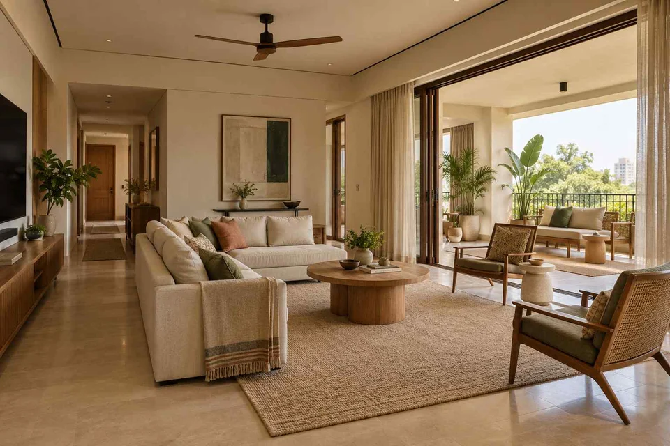 AI-generated living room design concept: indoor verandah lounge, quiet contemporary direction