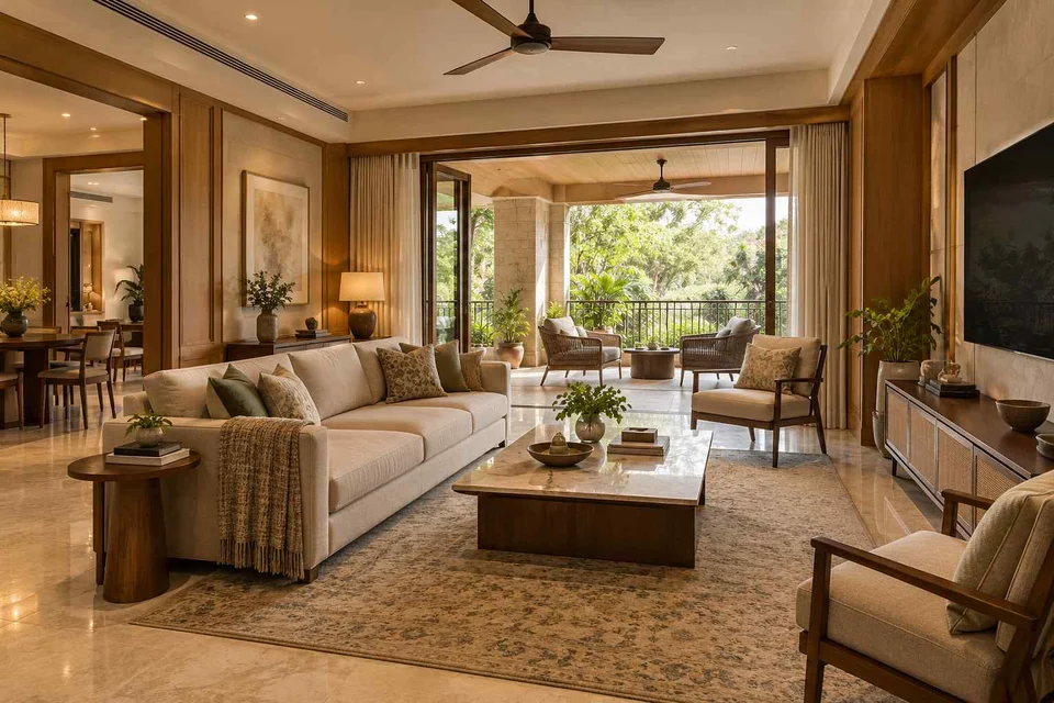 AI-generated living room design concept: indoor verandah lounge, quiet transitional direction