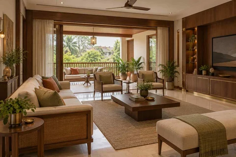AI-generated living room design concept: indoor verandah lounge, rosewood brass direction