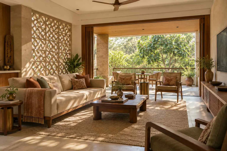 AI-generated living room design concept: indoor verandah lounge, sandstone lattice direction