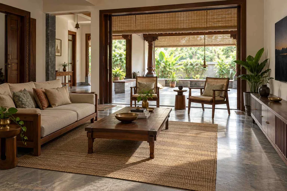 AI-generated living room design concept: indoor verandah lounge, teak craft direction