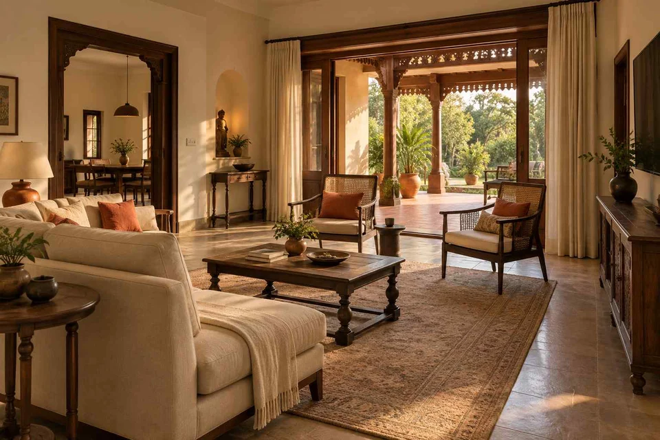 AI-generated living room design concept: indoor verandah lounge, terracotta heritage direction