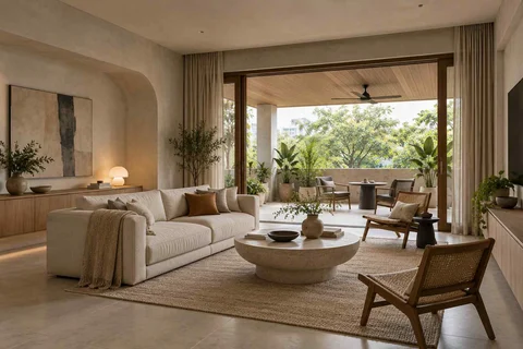 AI-generated living room design concept: indoor verandah lounge, textured mineral direction