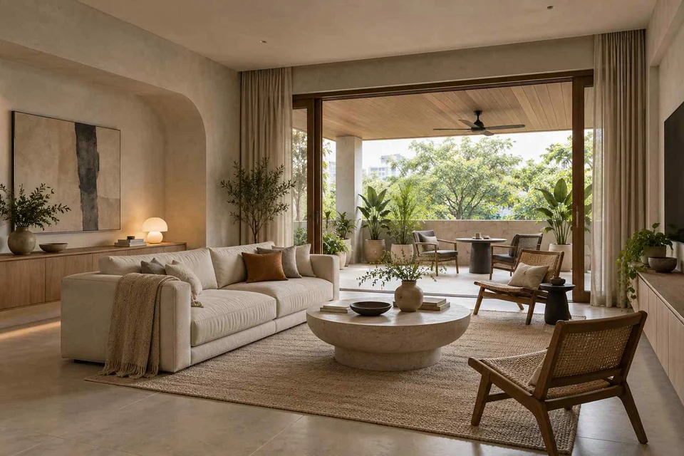 AI-generated living room design concept: indoor verandah lounge, textured mineral direction
