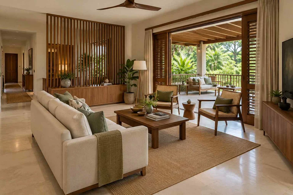 AI-generated living room design concept: indoor verandah lounge, tropical slatted direction