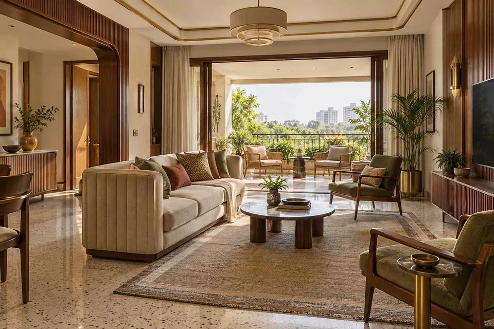 AI-generated living room design concept: indoor verandah lounge, urban deco direction