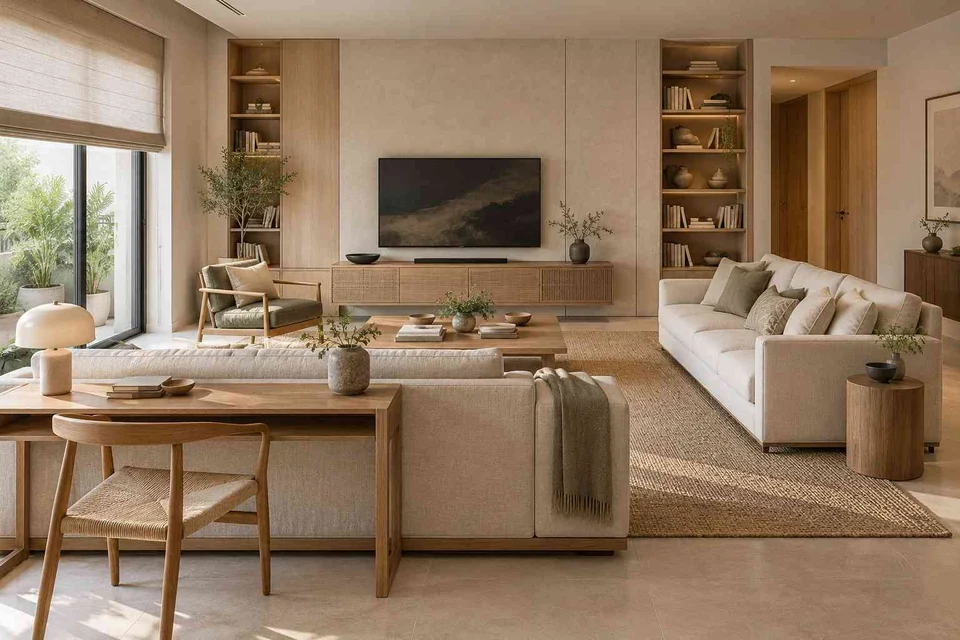 AI-generated living room design concept: library salon, ash and linen direction