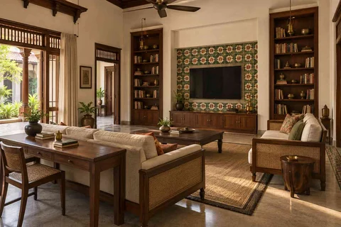 AI-generated living room design concept: library salon, chettinad tile direction