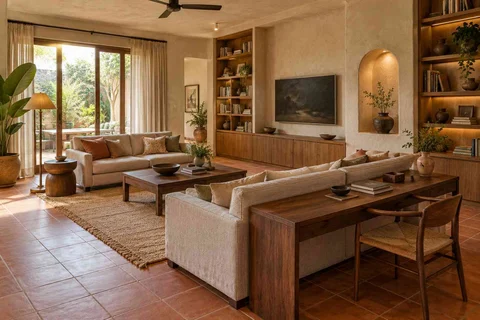 AI-generated living room design concept: library salon, clay artisan direction