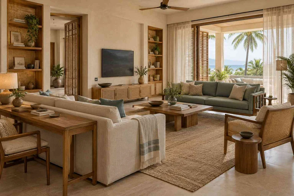 AI-generated living room design concept: library salon, coastal woven direction
