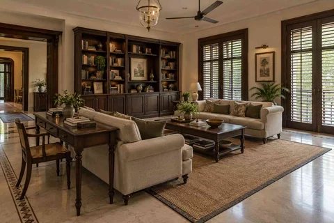 AI-generated living room design concept: library salon, colonial quiet direction