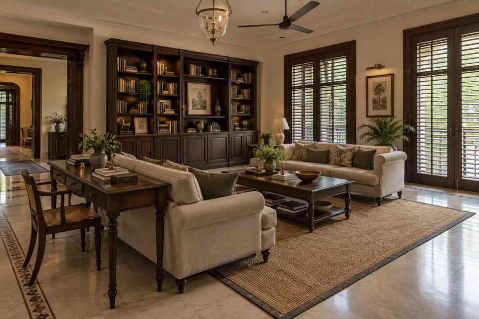 AI-generated living room design concept: library salon, colonial quiet direction
