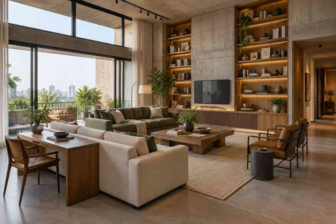 AI-generated living room design concept: library salon, concrete and oak direction