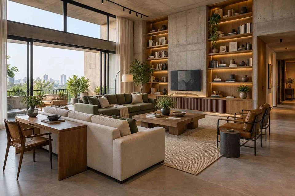 AI-generated living room design concept: library salon, concrete and oak direction