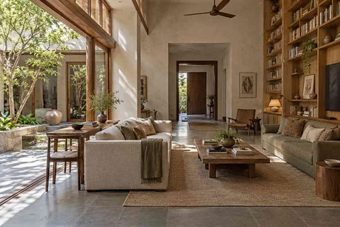 AI-generated living room design concept: library salon, courtyard modern direction