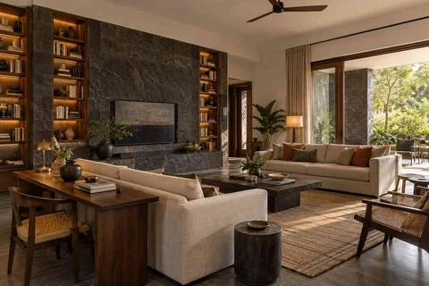 AI-generated living room design concept: library salon, deccan stone direction