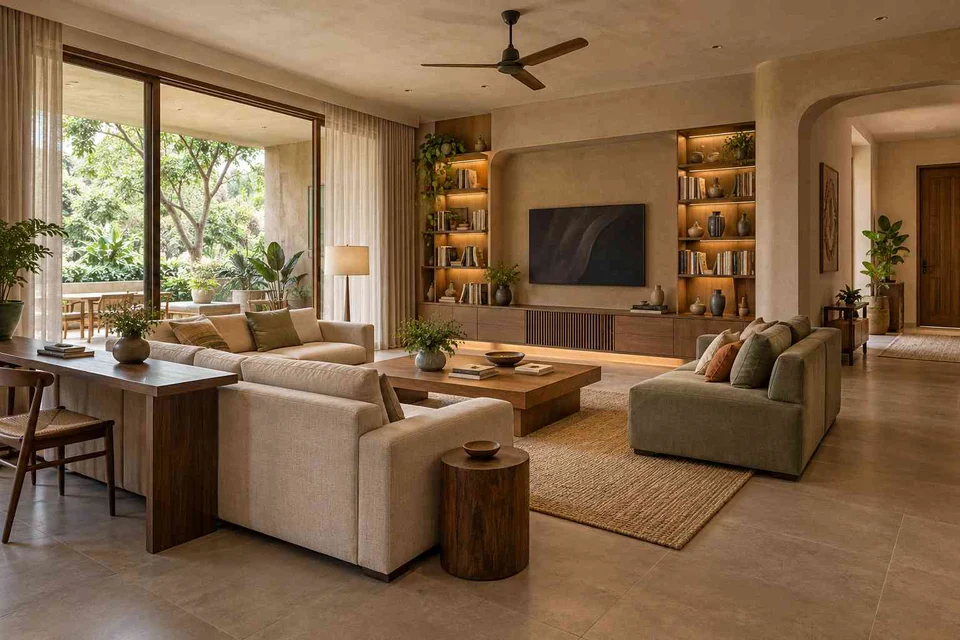 AI-generated living room design concept: library salon, earth and bamboo direction