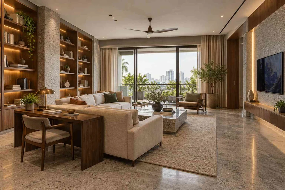 AI-generated living room design concept: library salon, granite precision direction