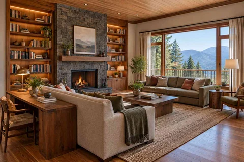 AI-generated living room design concept: library salon, hill timber direction
