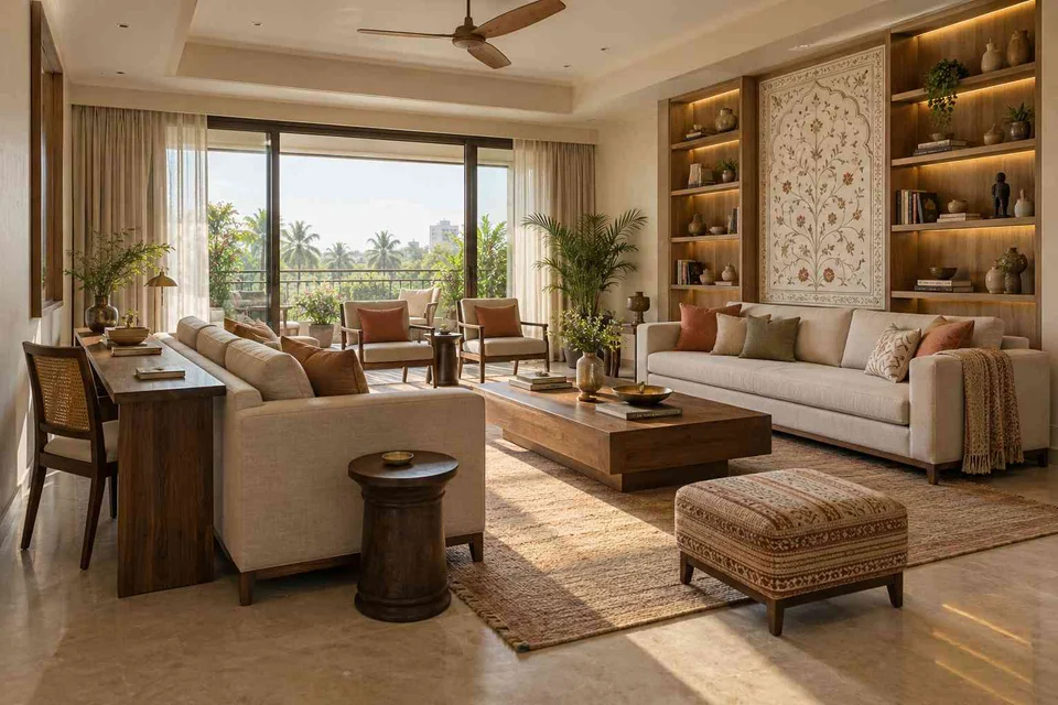 AI-generated living room design concept: library salon, inlay atelier direction