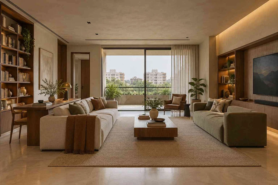 AI-generated living room design concept: library salon, lime and walnut direction