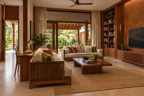 AI-generated living room design concept: library salon, malabar timber direction