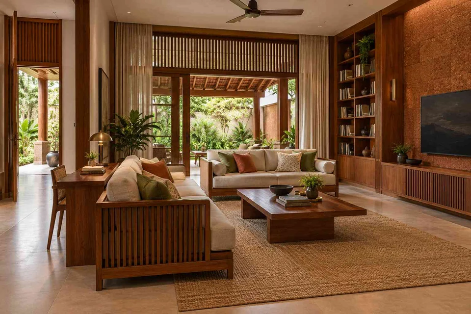 AI-generated living room design concept: library salon, malabar timber direction
