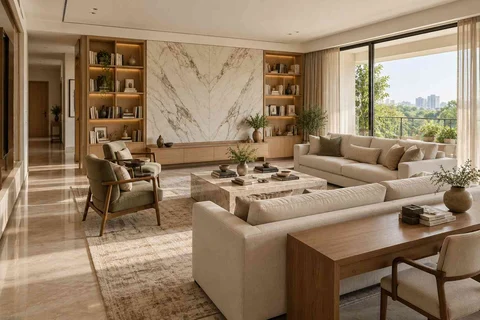 AI-generated living room design concept: library salon, marble restraint direction