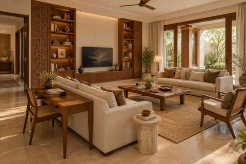 AI-generated living room design concept: library salon, modern carved direction
