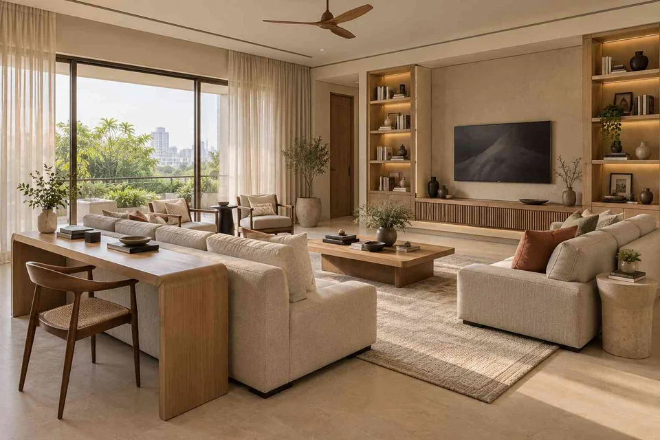 AI-generated living room design concept: library salon, quiet contemporary direction
