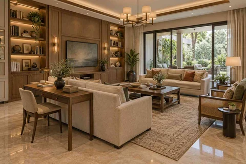 AI-generated living room design concept: library salon, quiet transitional direction