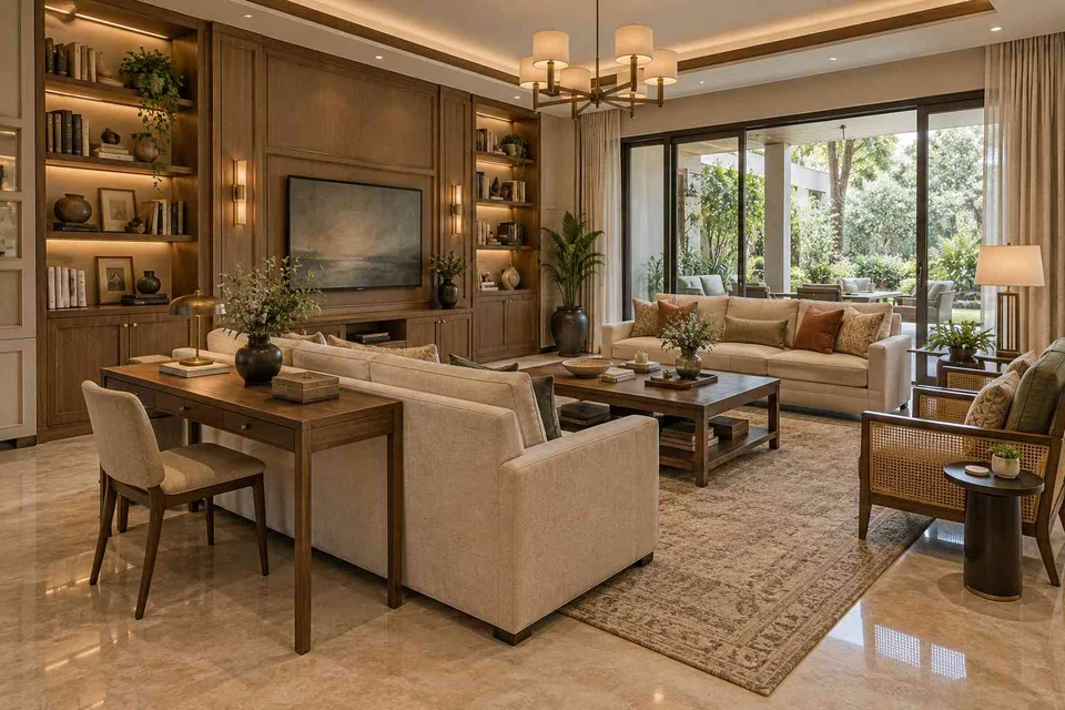AI-generated living room design concept: library salon, quiet transitional direction