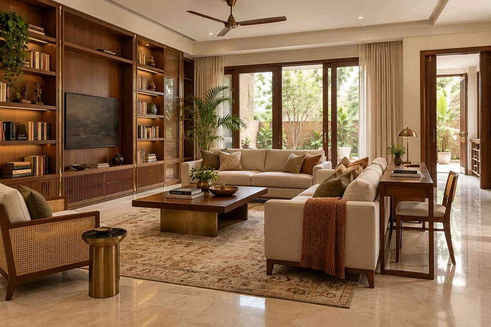 AI-generated living room design concept: library salon, rosewood brass direction
