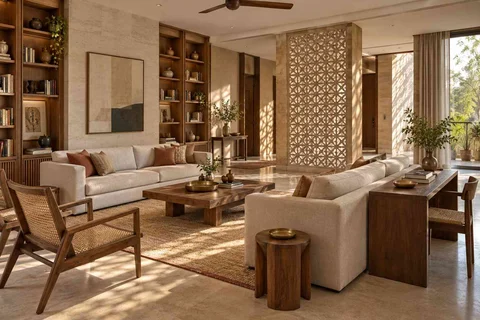 AI-generated living room design concept: library salon, sandstone lattice direction