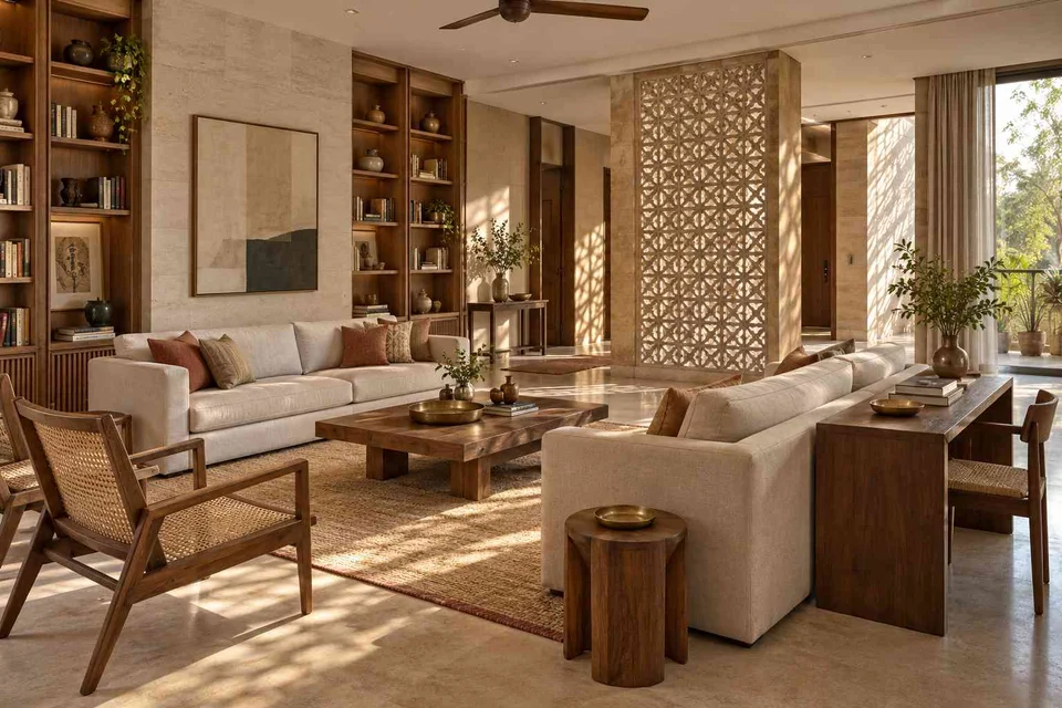 AI-generated living room design concept: library salon, sandstone lattice direction