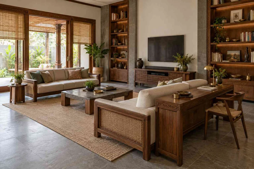 AI-generated living room design concept: library salon, teak craft direction
