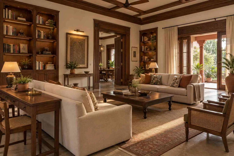 AI-generated living room design concept: library salon, terracotta heritage direction