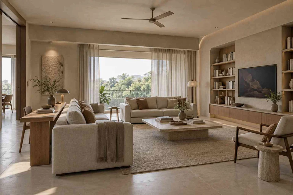 AI-generated living room design concept: library salon, textured mineral direction