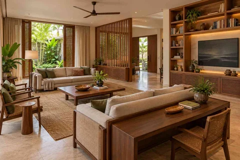 AI-generated living room design concept: library salon, tropical slatted direction