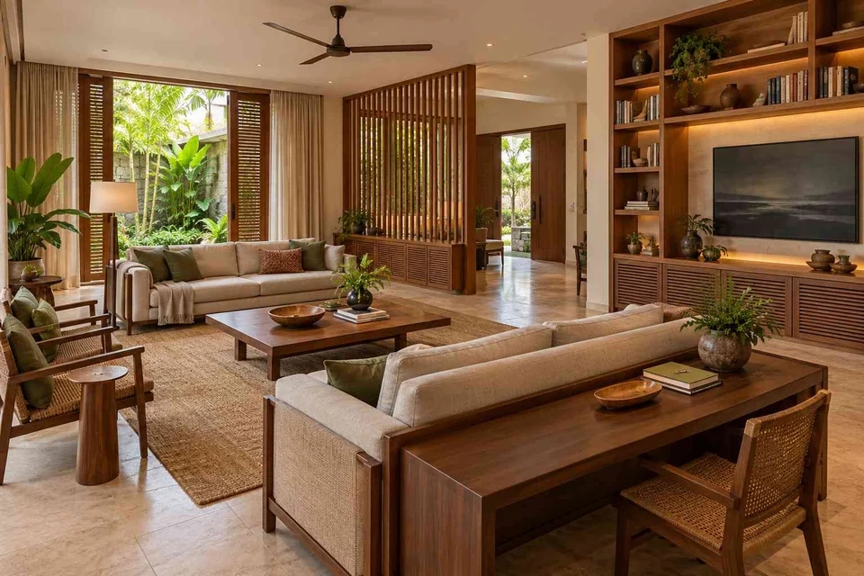 AI-generated living room design concept: library salon, tropical slatted direction