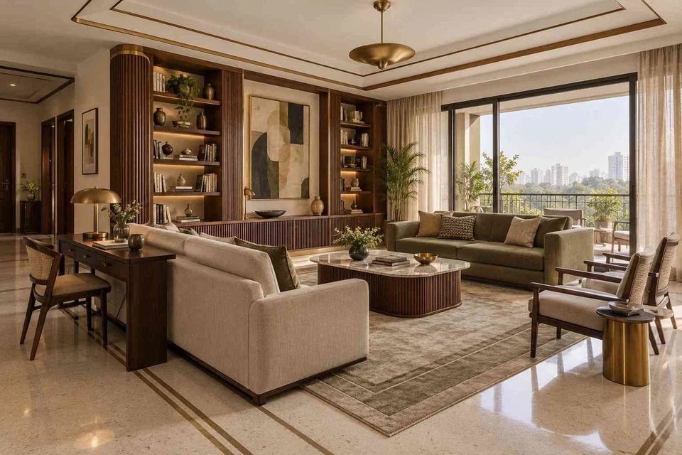 AI-generated living room design concept: library salon, urban deco direction