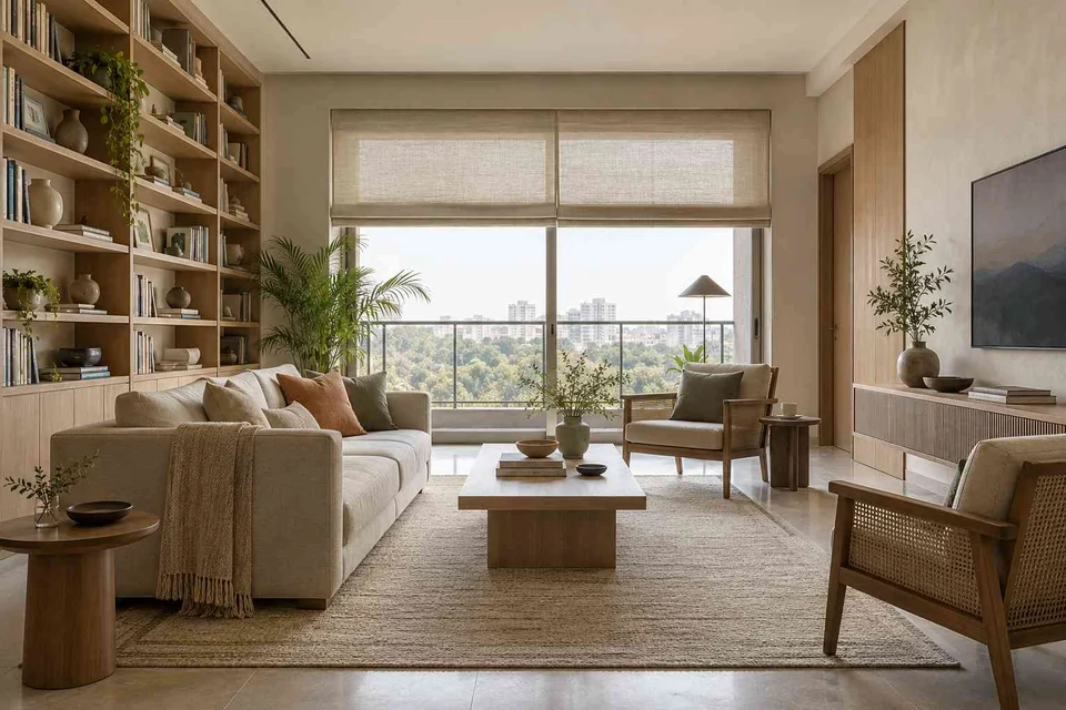 AI-generated living room design concept: library wall living, ash and linen direction
