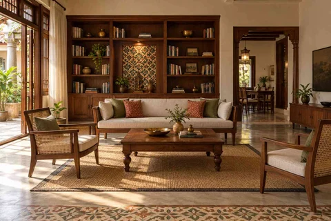 AI-generated living room design concept: library wall living, chettinad tile direction