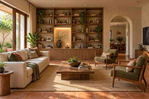 AI-generated living room design concept: library wall living, clay artisan direction