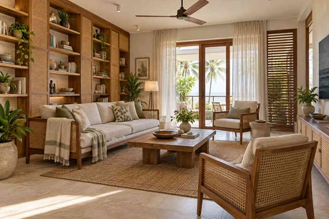 AI-generated living room design concept: library wall living, coastal woven direction