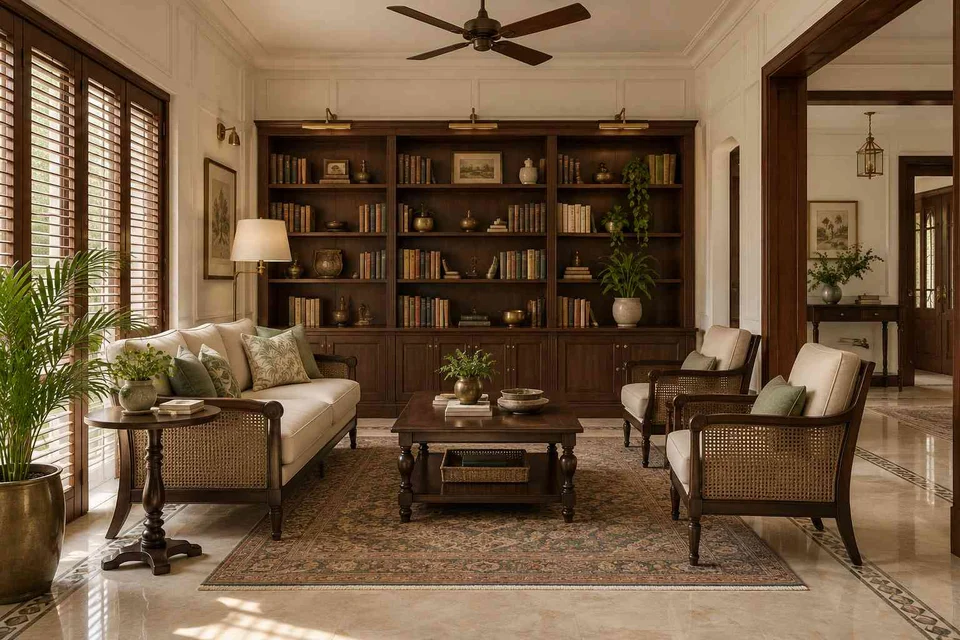 AI-generated living room design concept: library wall living, colonial quiet direction