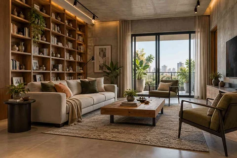 AI-generated living room design concept: library wall living, concrete and oak direction